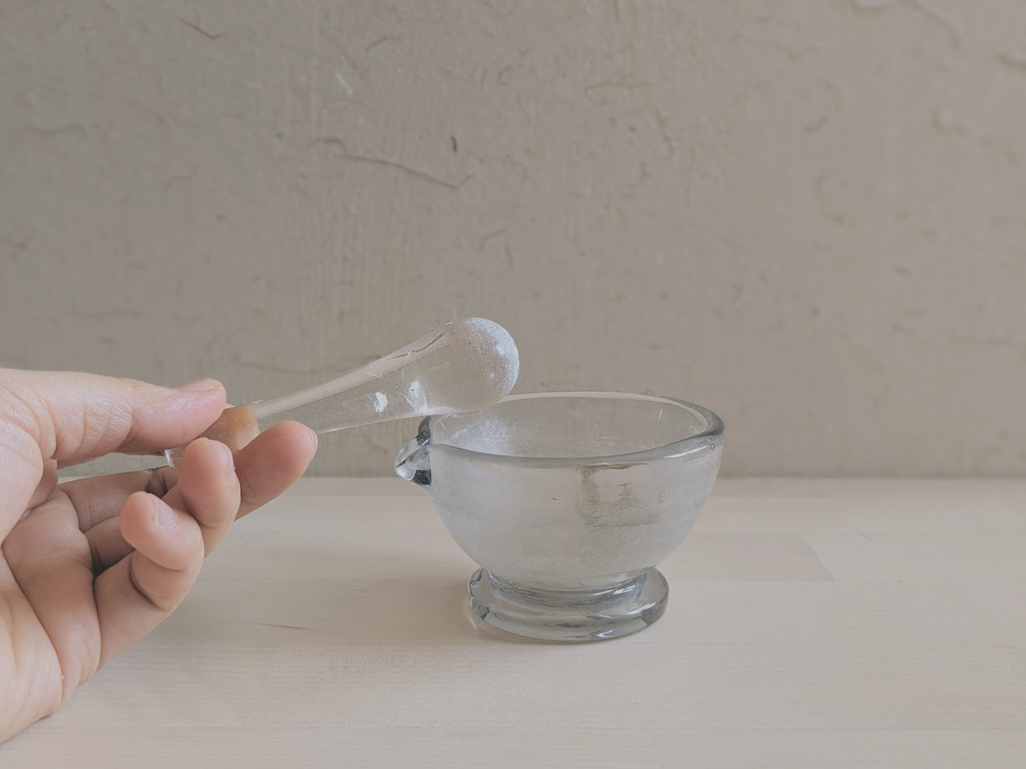 Set of small blown glass pestle and mortar