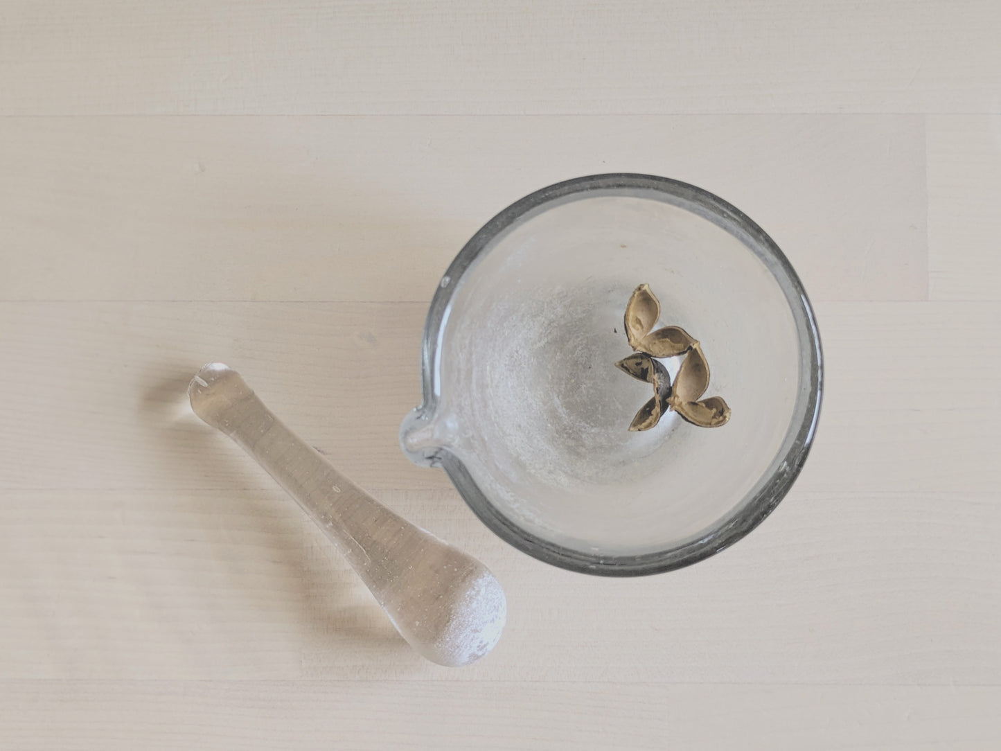 Set of small blown glass pestle and mortar