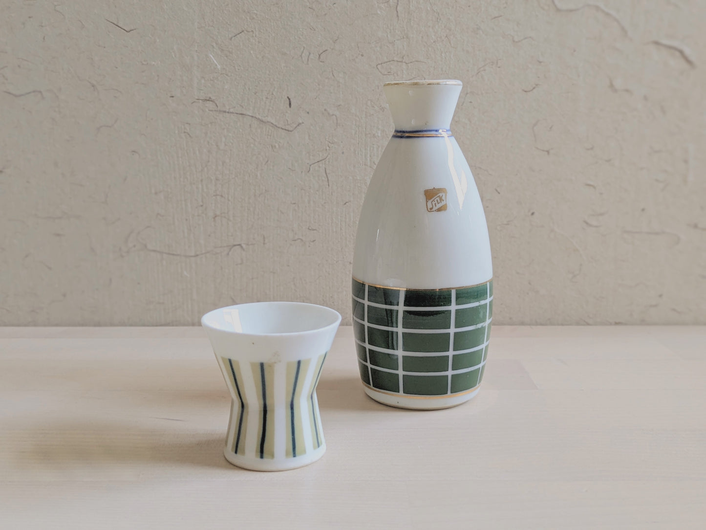 Set of modern patterned sake bottle and cup