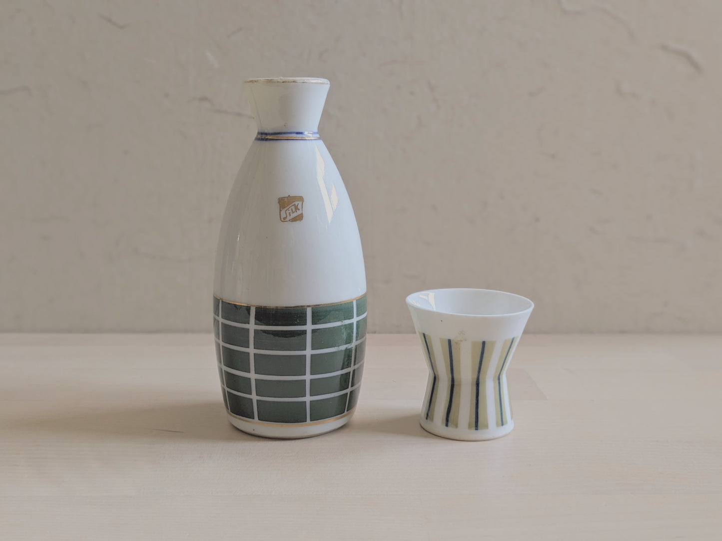 Set of modern patterned sake bottle and cup