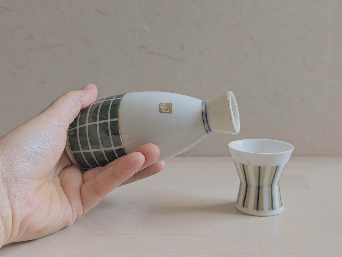 Set of modern patterned sake bottle and cup