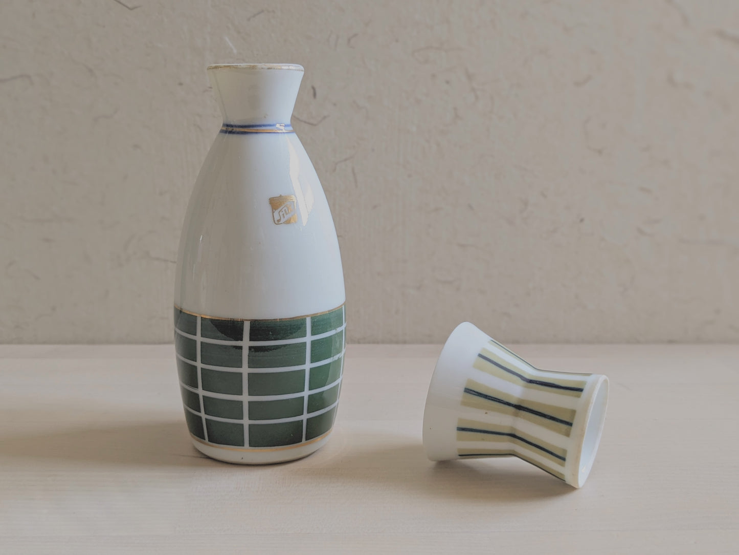 Set of modern patterned sake bottle and cup