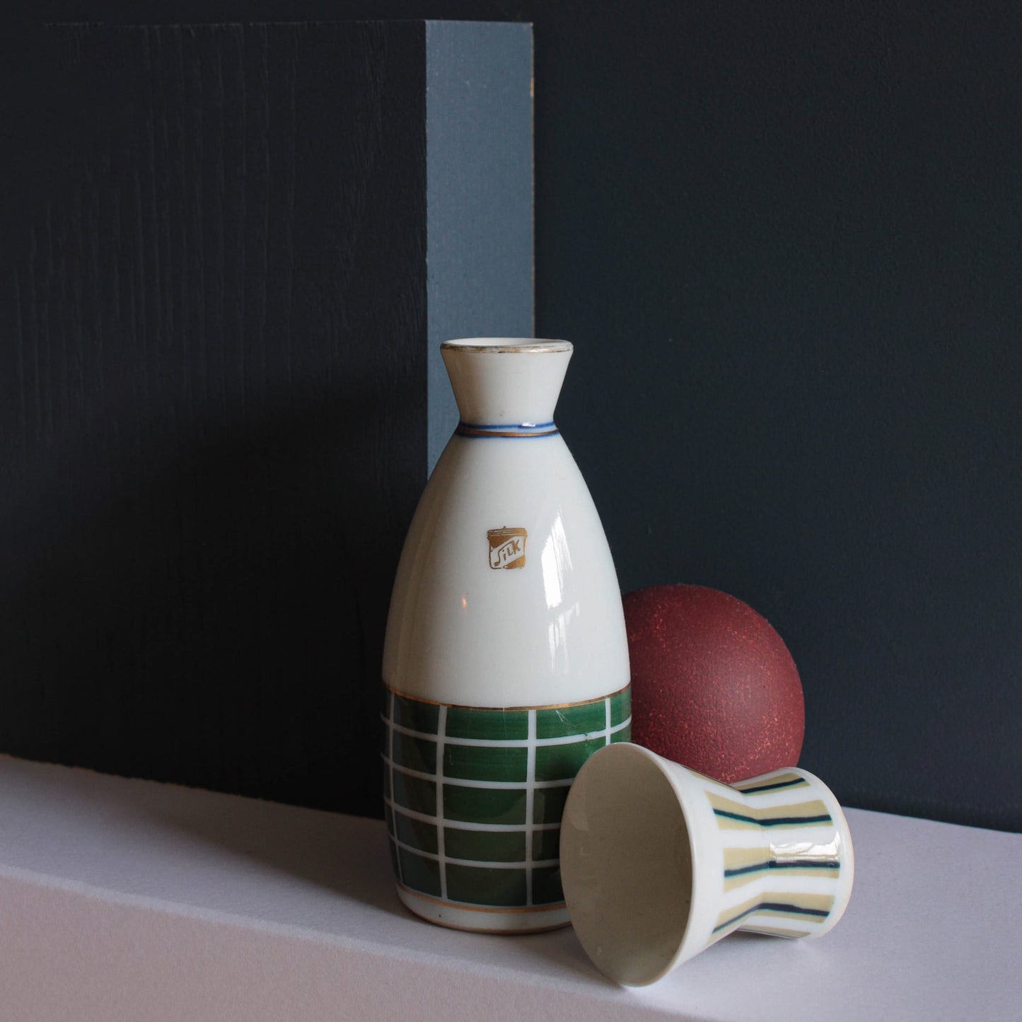 Set of modern patterned sake bottle and cup